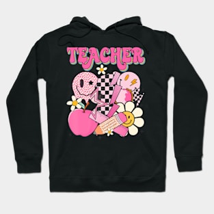 Retro Groovy Hippie Smile Face Teacher Women Back To School Hoodie